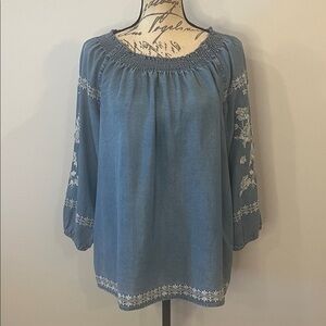 J. Jill chambray embroidered relaxed fit top smocked neckline L